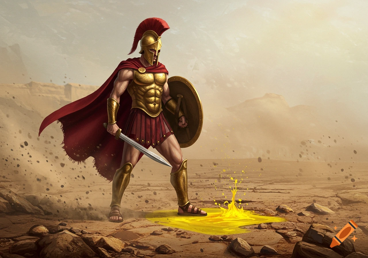 A Spartan warrior in golden armor and red cape stands with sword and shield in a desert, a yellow liquid splashing at his feet.
