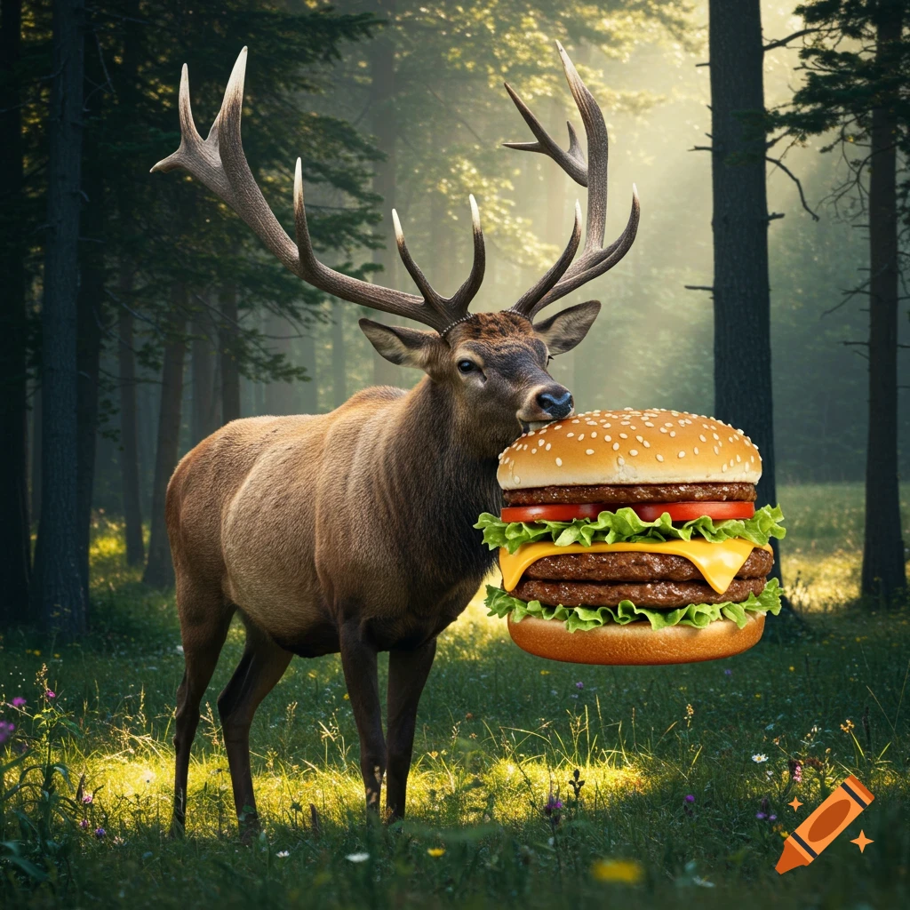 A photorealistic elk stands in a sun-dappled forest, holding a large triple-patty cheeseburger with lettuce and tomato in its mouth.