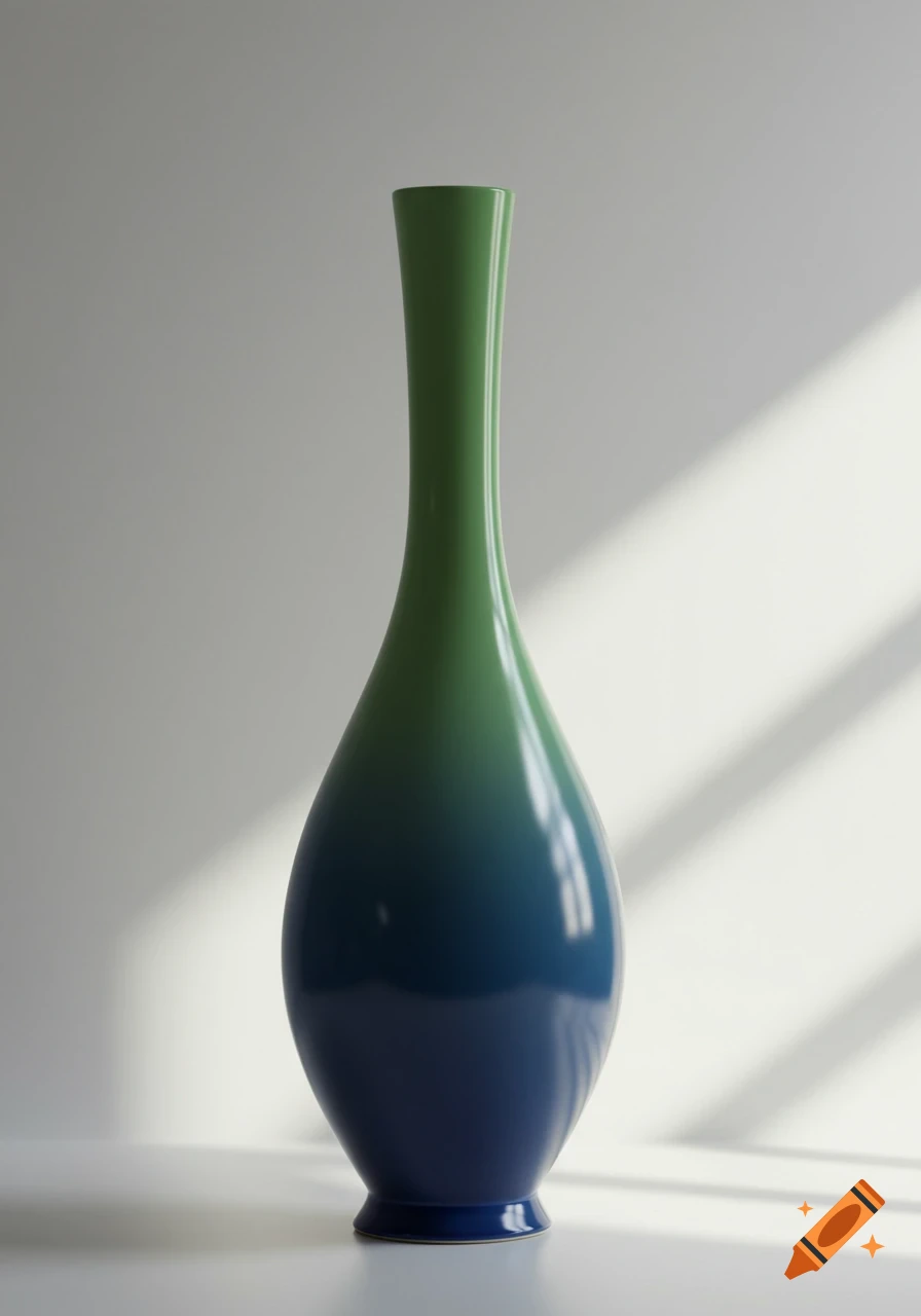 A tall, curved ceramic vase with a blue to green ombr é gradient, lit by window shadows on a white background.