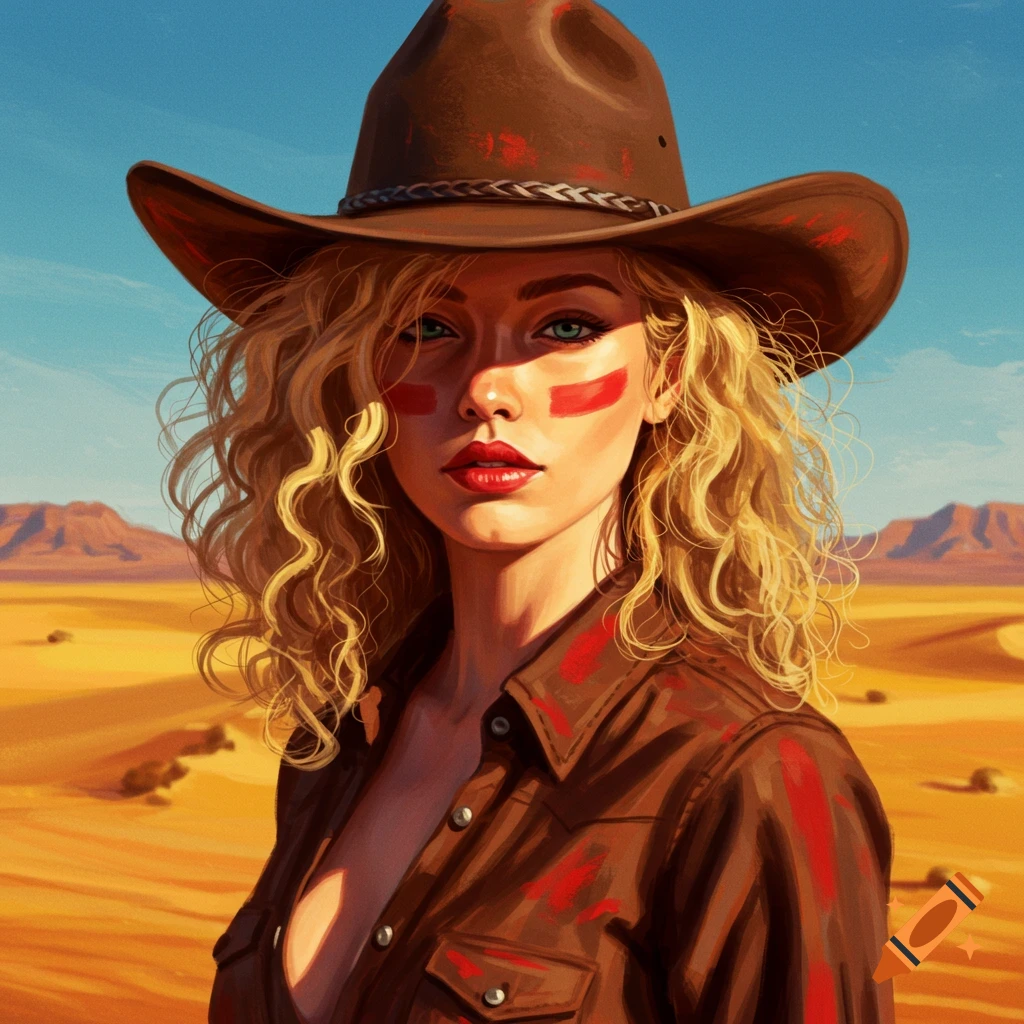 A woman in a cowboy hat with curly blonde hair, red lipstick, and red face paint in a desert landscape.