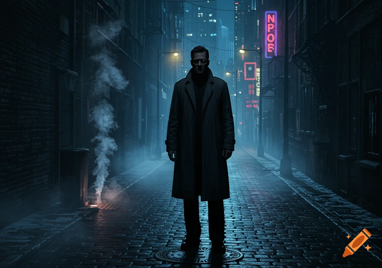Photorealistic image of a man in a long coat standing in a dark, foggy city alley illuminated by neon signs.