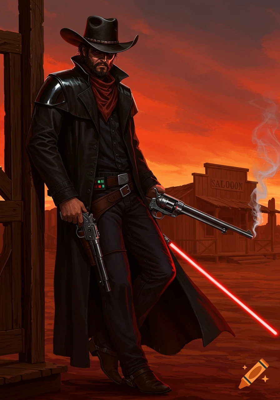 A dark-clad cowboy in a duster coat and hat holds two revolvers, one with a red laser, against an orange western sky.