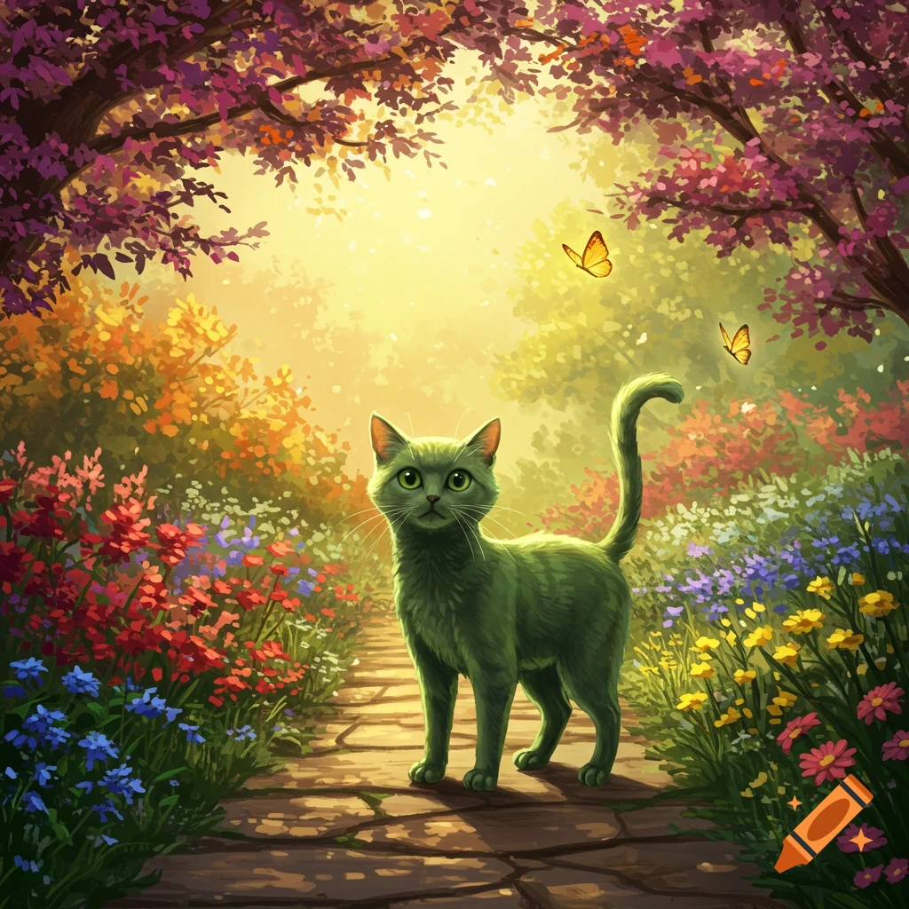 Bright green cat with emerald eyes on a stone path in a vibrant, sunlit floral garden with colorful trees and butterflies, illustration.