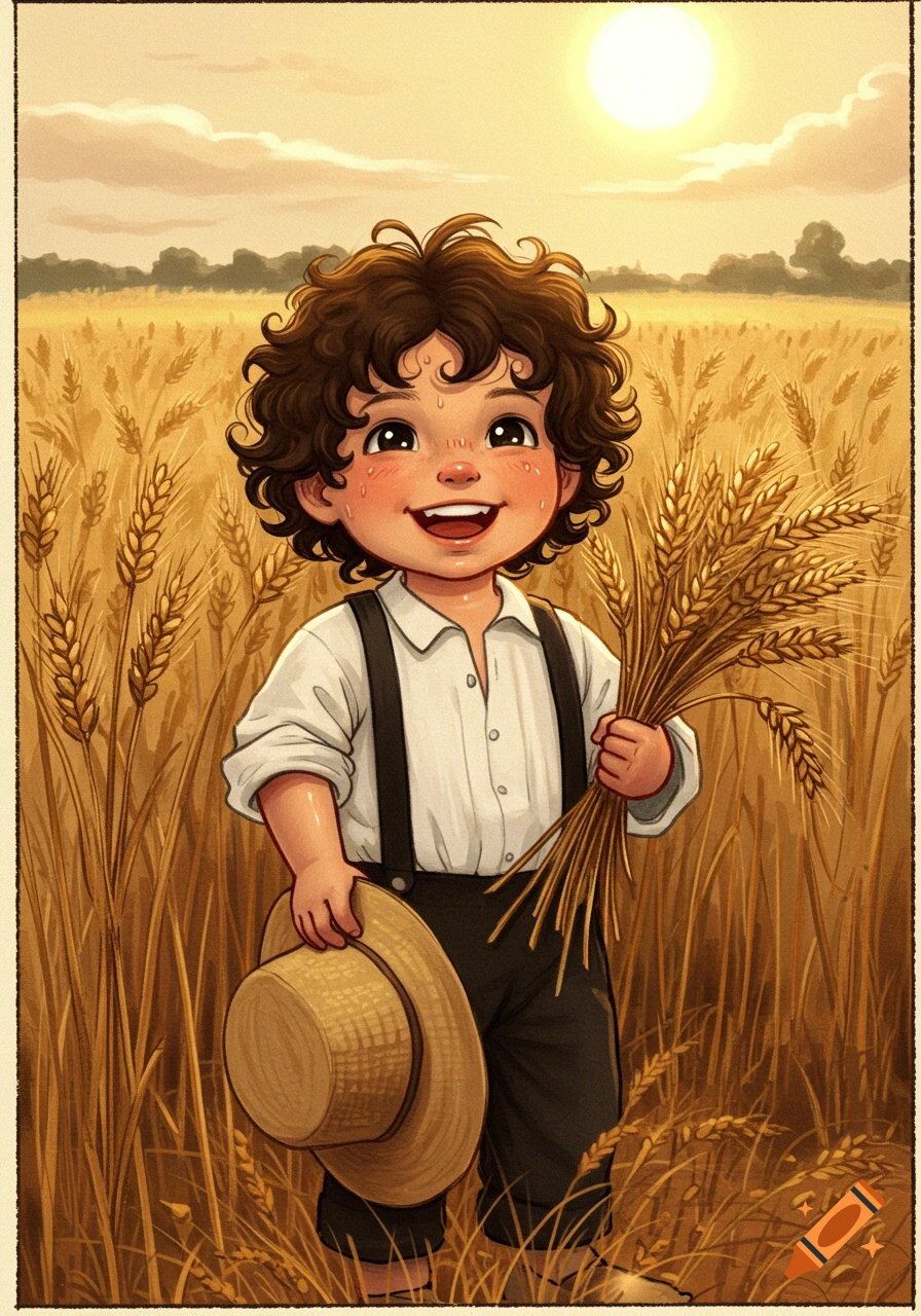 A smiling, curly-haired boy in a white shirt stands in a golden wheat field, holding a straw hat and wheat stalks. Storybook style.