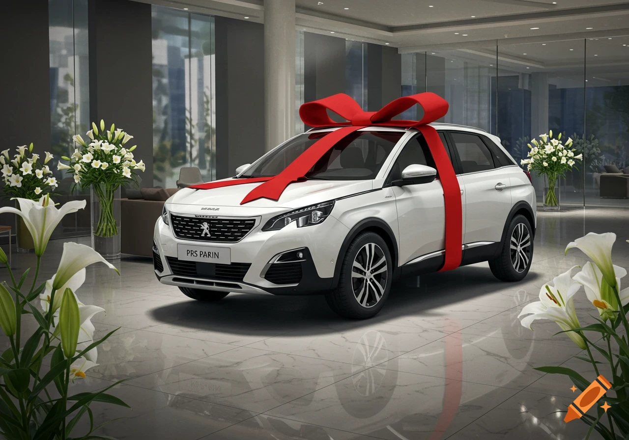 A white SUV with a large red bow on top, presented in a modern, luxurious showroom with marble floors and white lilies.