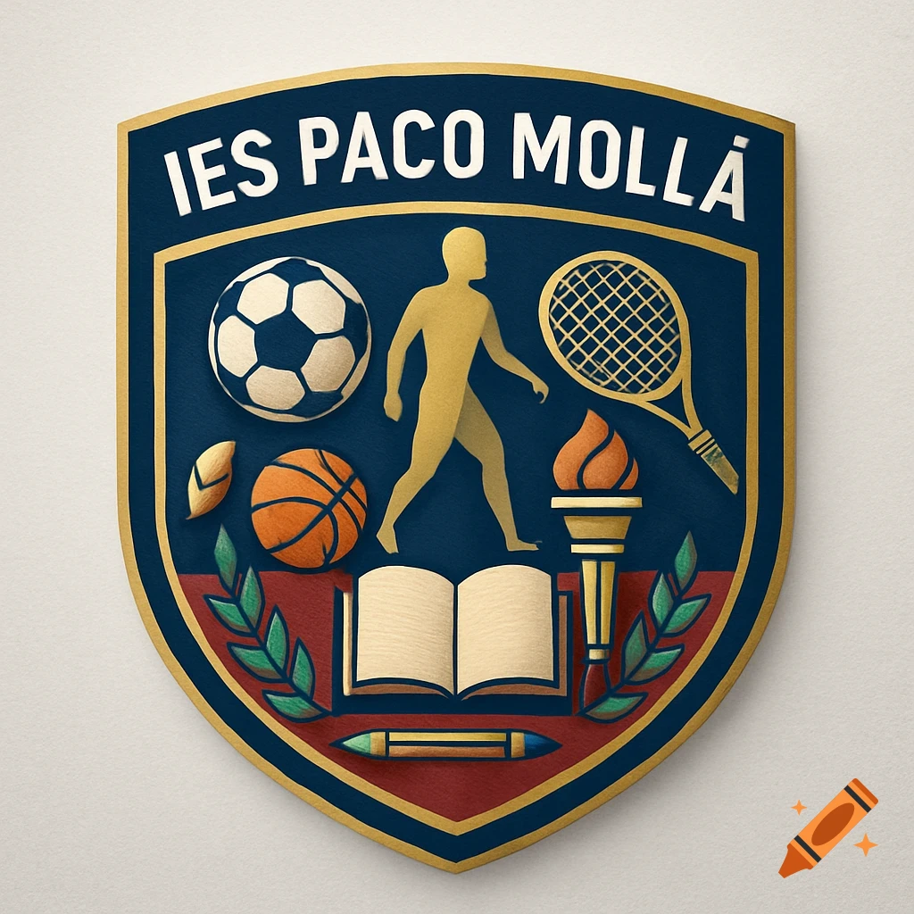 A school crest featuring a soccer ball, basketball, tennis racket, silhouetted athlete, torch, open book, and pencil, all within a dark blue and red shield with a gold border. The text "IES PACO MOLLÀ" is at the top.