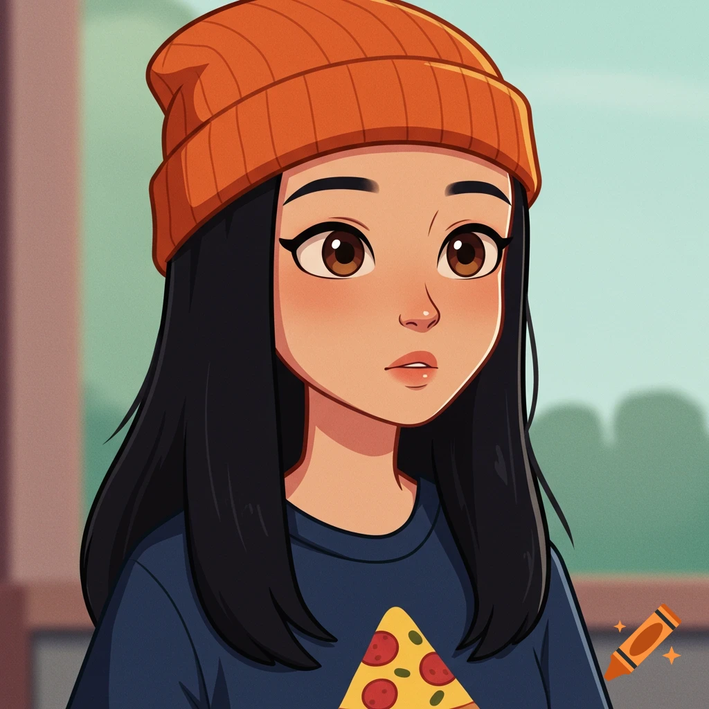 A cartoon illustration of a girl with long black hair, an orange beanie, and a dark blue shirt with a pizza slice graphic.