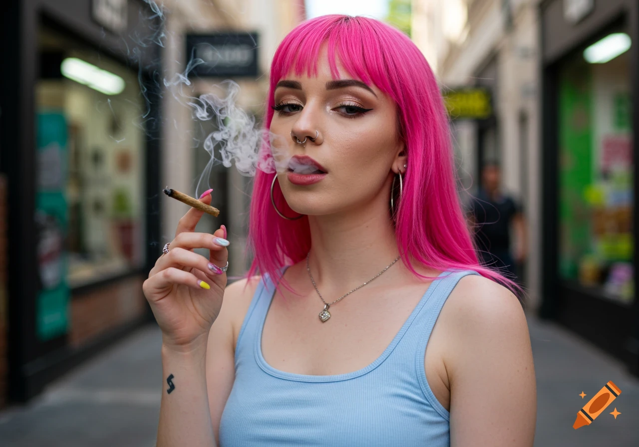 A woman with vibrant pink hair, glam makeup, nose ring, and hoop earrings exhales smoke from a blunt on a city street.