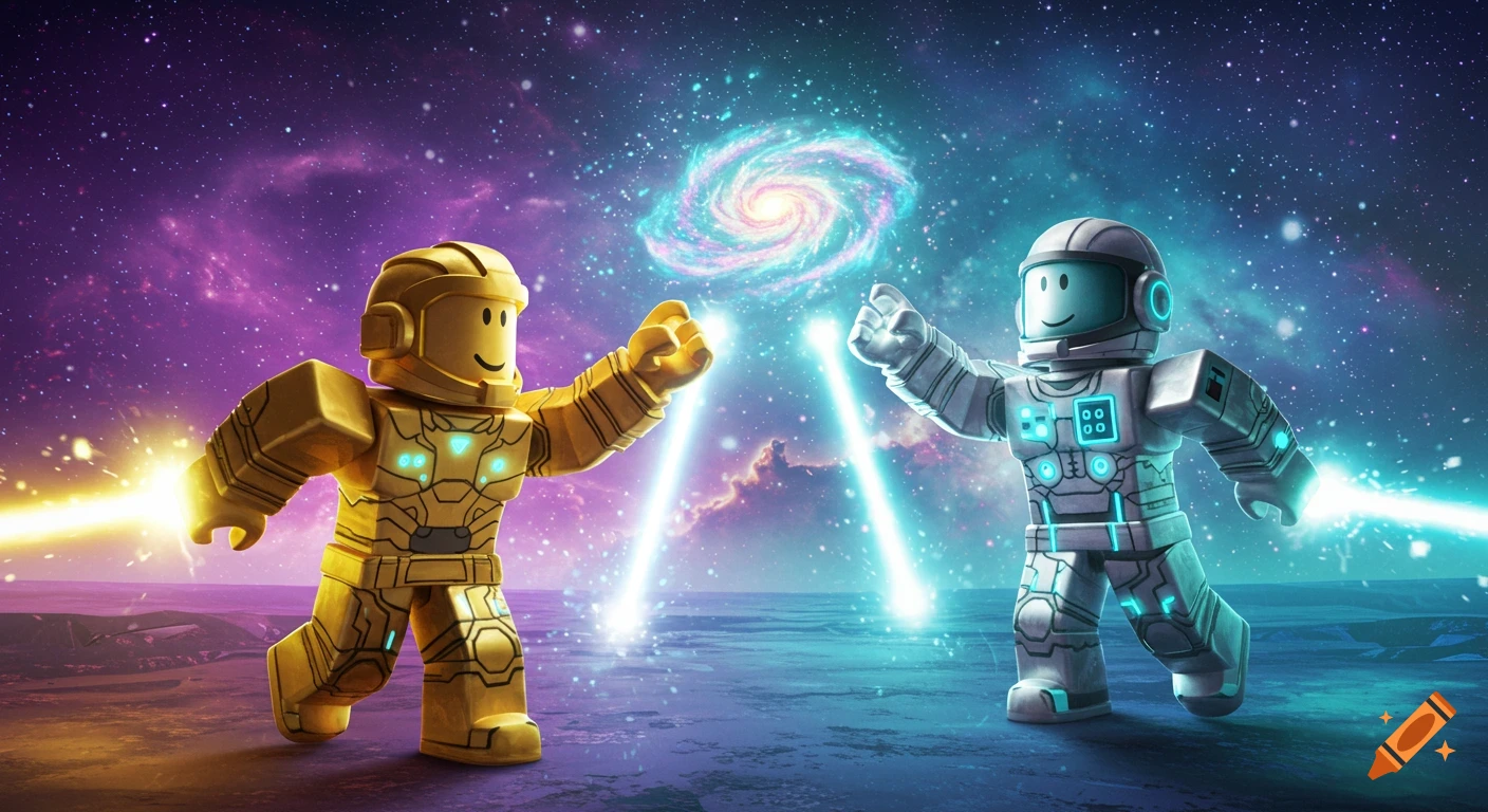 Gold and white Roblox-style characters in space suits face each other, aiming light beams at a swirling galaxy.