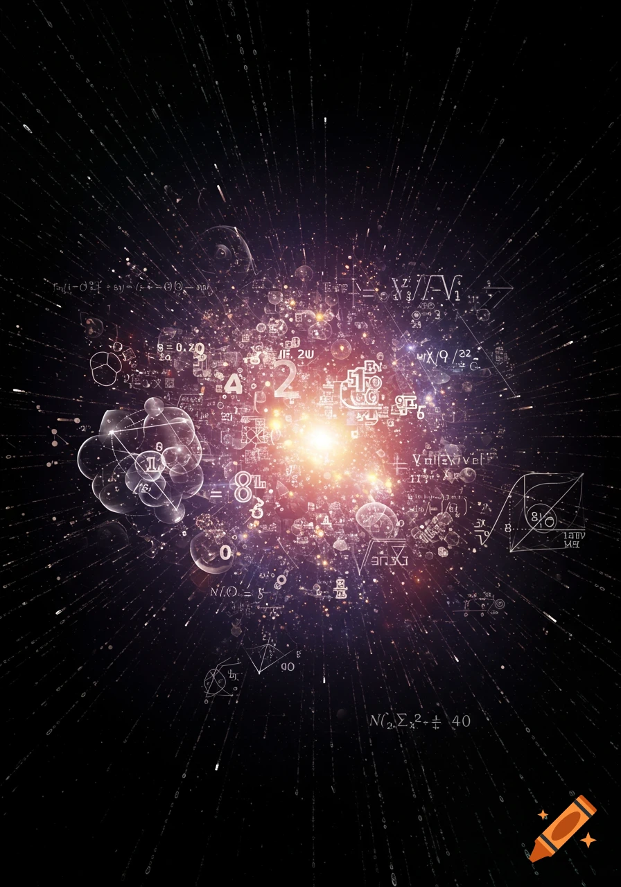 An abstract, dark image with a bright orange light at the center, surrounded by an explosion of mathematical formulas, numbers, and geometric shapes, resembling a cosmic event.