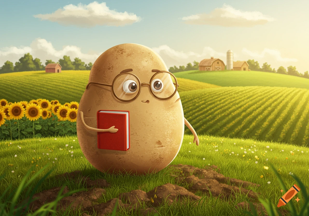 A cute cartoon potato wearing round glasses holds a red book in a sunny farm field with sunflowers and a barn.