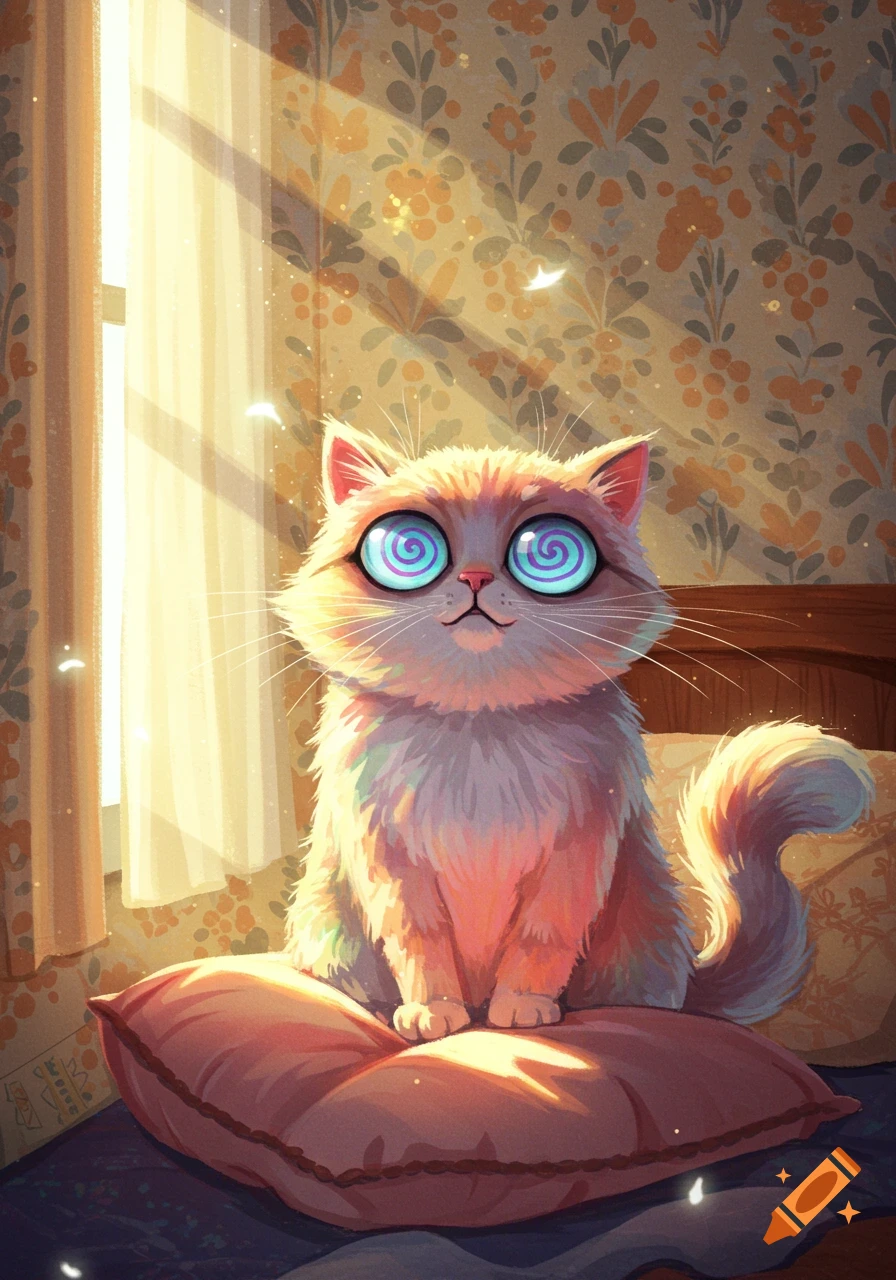 A fluffy cartoon cat with large, blue spiral eyes sits on a pink pillow in warm sunlight next to a window, with floral wallpaper behind it.
