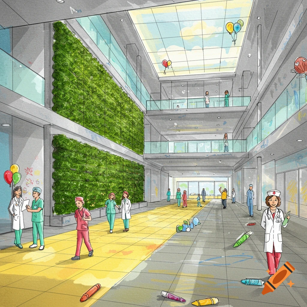 Modern hospital lobby illustration with a large green wall, glass ceiling, medical staff, and children playing with crayons on the floor.