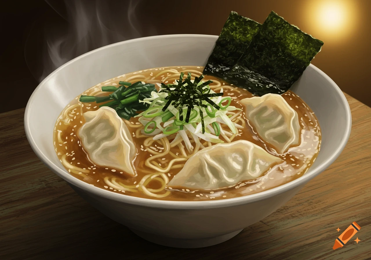 Steaming bowl of ramen with dumplings, green onions, seaweed, and noodles on a wooden table, in a digital art style.