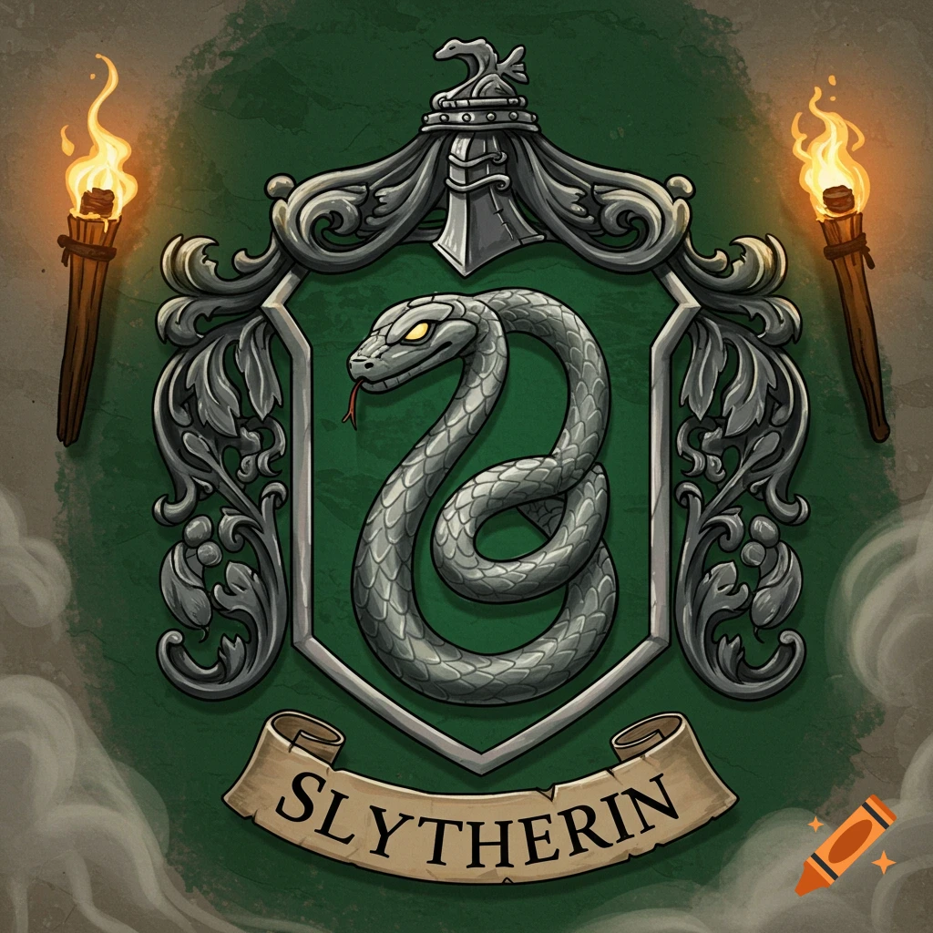 A stylized Slytherin crest featuring a silver snake on a green shield with ornate silver framing, flanked by two lit torches, with 'SLYTHERIN' on a banner below.