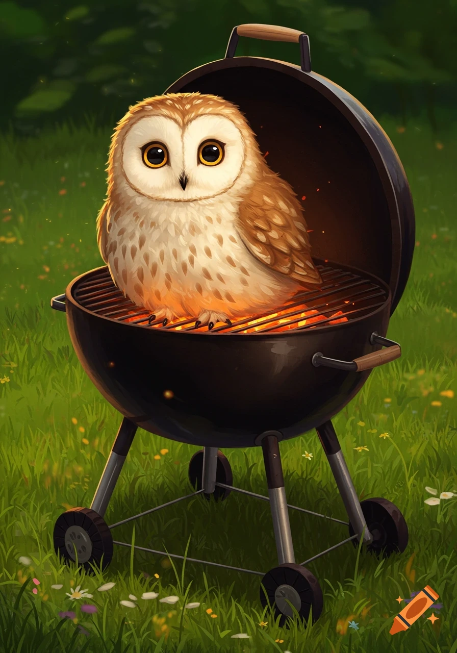A cute, fluffy owl with large eyes sits on a barbecue grill with glowing coals, surrounded by green grass and wildflowers in a whimsical illustration.
