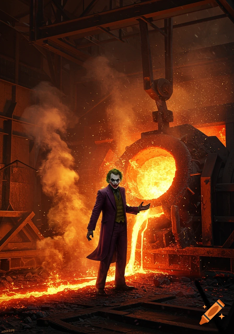 The Joker stands in a dark steel furnace, with molten metal pouring from a large crucible, glowing orange and red.