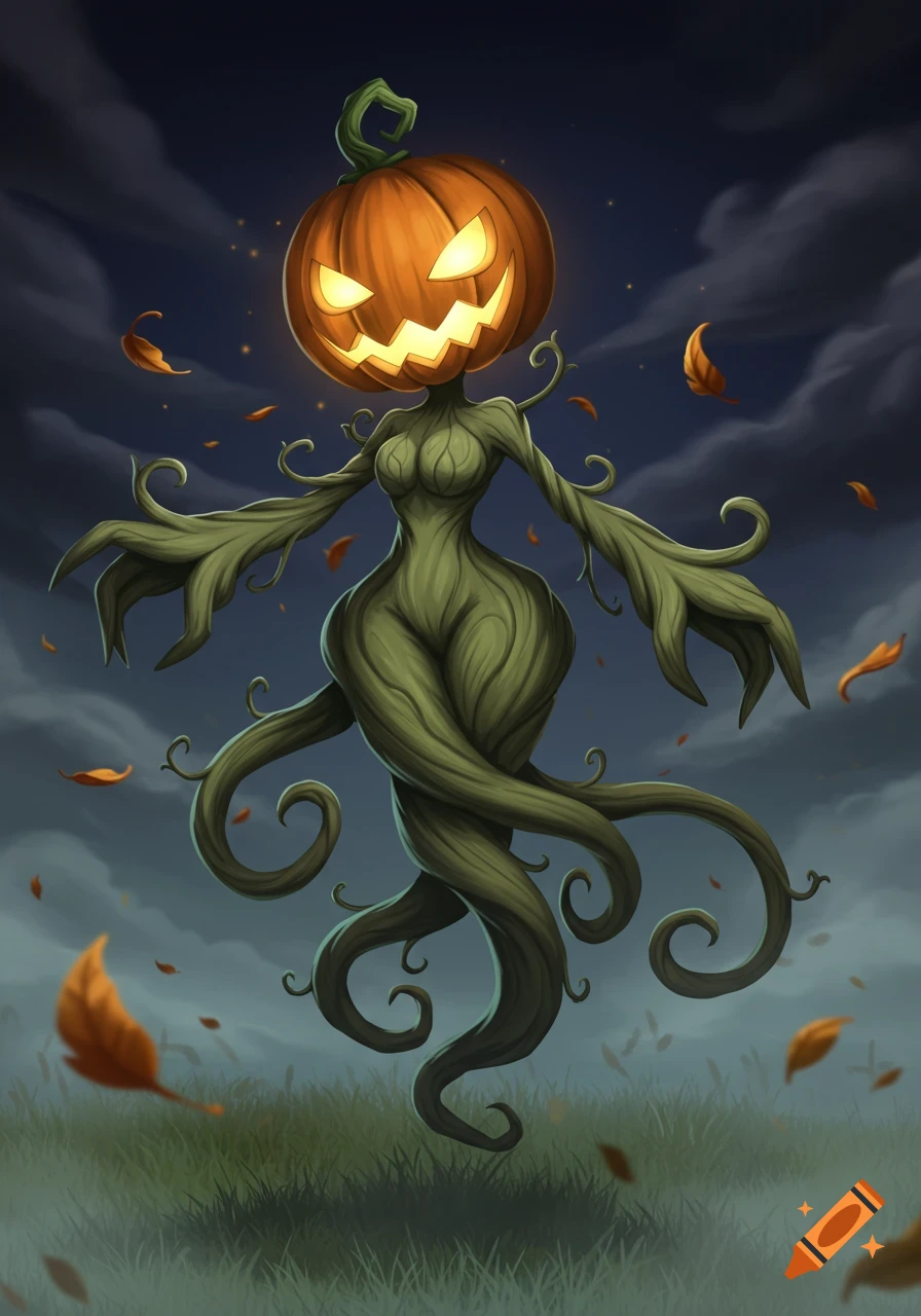 Fantasy humanoid creature with a glowing jack-o'-lantern head and a body of twisted green vines, in a field at night.