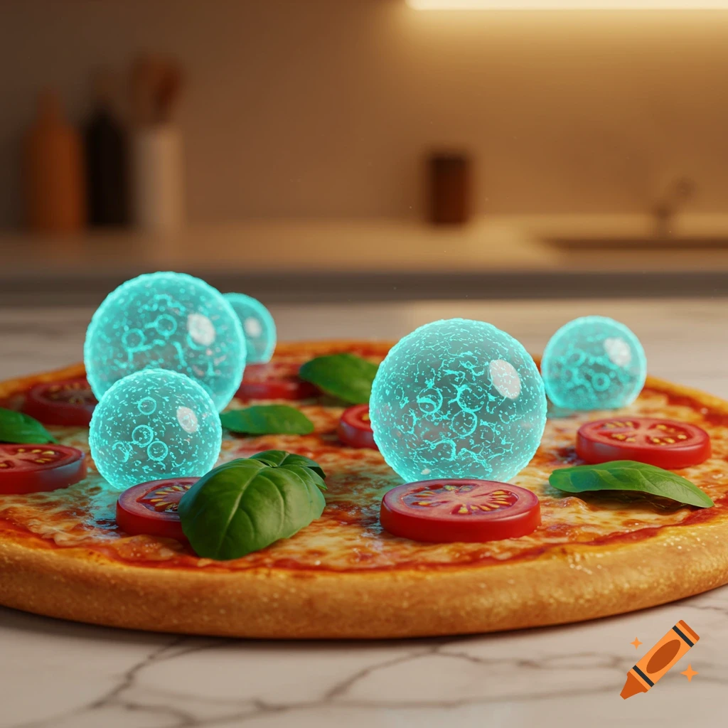 A close-up of a pizza topped with glowing blue spheres, tomato slices, and basil leaves in a kitchen setting.