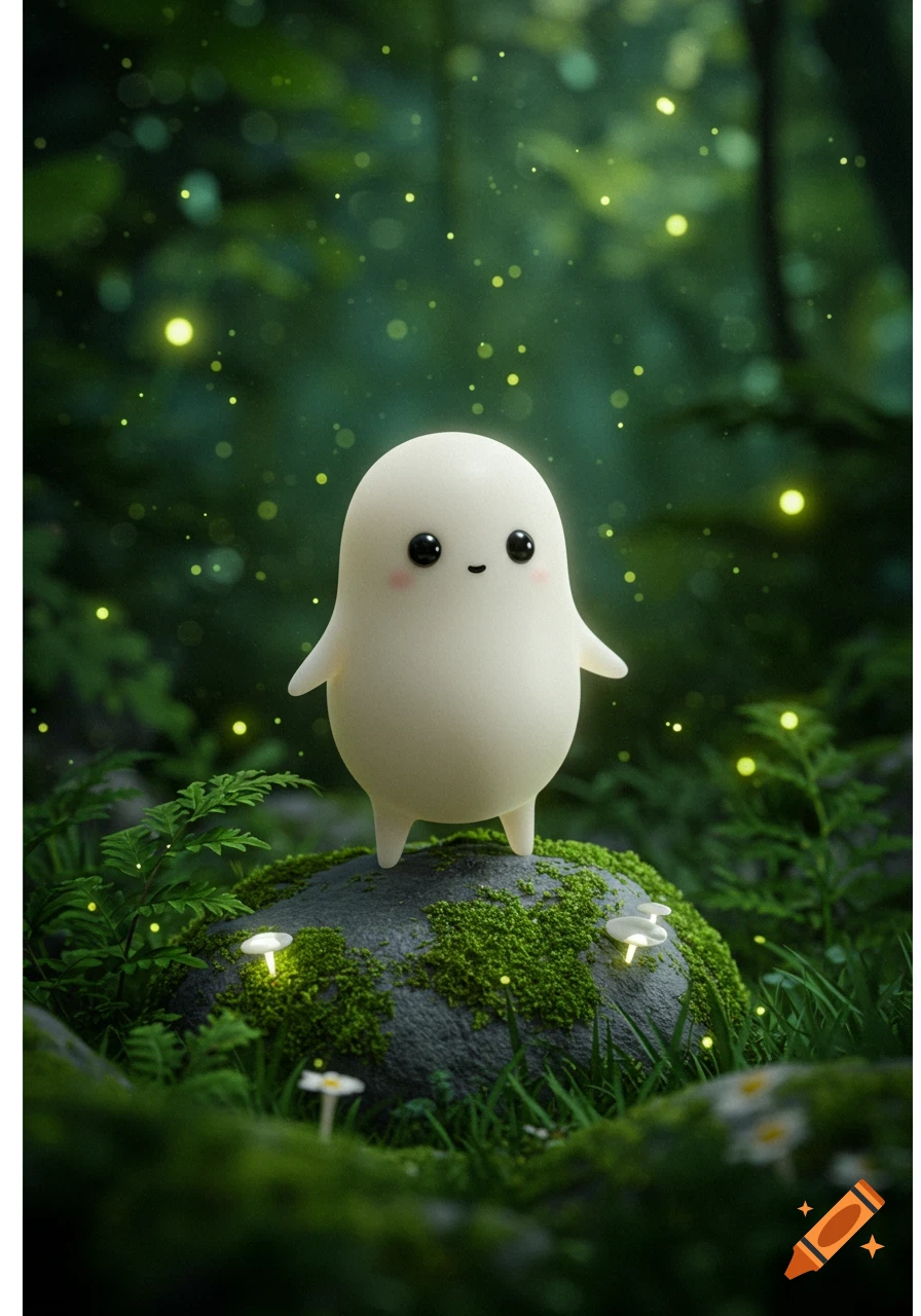 A cute, round white creature with rosy cheeks stands on a mossy rock in a magical forest with glowing fireflies and mushrooms.