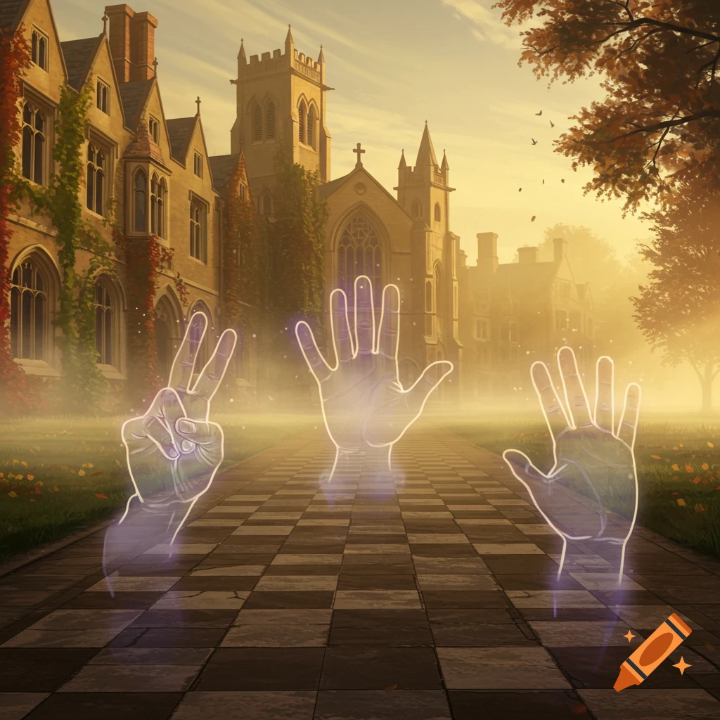Three glowing, ethereal hands on a checkered path before a Gothic university building at sunset.
