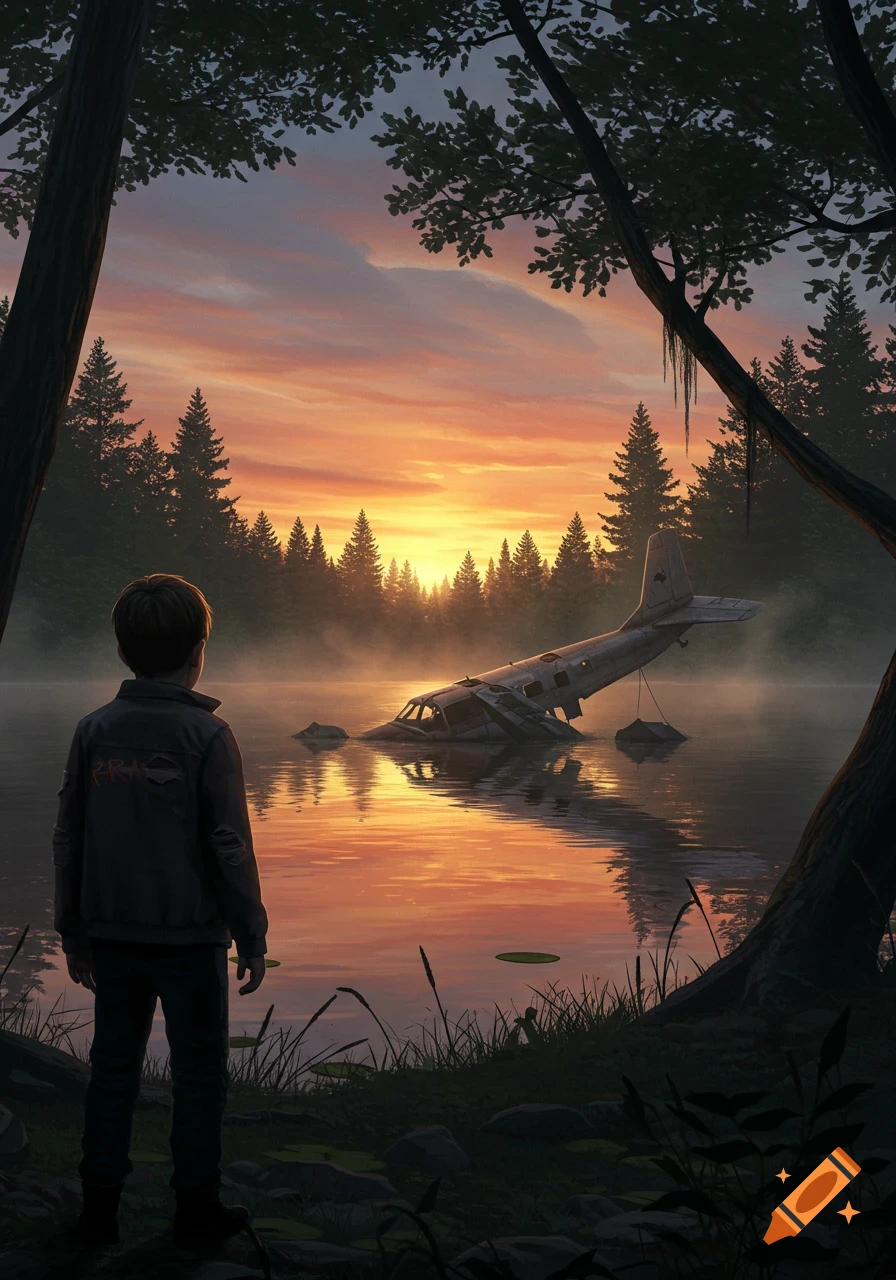 A boy stands by a misty lake at sunset, gazing at a small crashed plane partially submerged in the water amidst a dense forest.