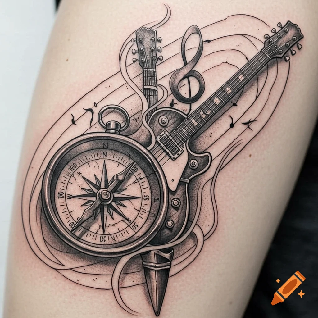 A detailed black and white tattoo design featuring a compass, an electric guitar, a treble clef, and abstract swirls.