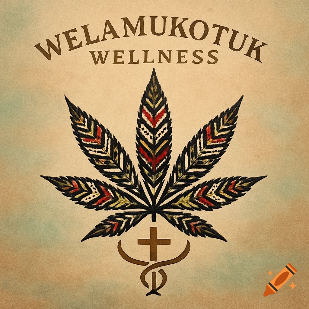 Logo featuring a stylized cannabis leaf with red, yellow, and black Native American patterns. Below the leaf is a brown cross and a caduceus-like symbol. Above the leaf, text reads 'WELAMUKOTUK WELLNESS'.