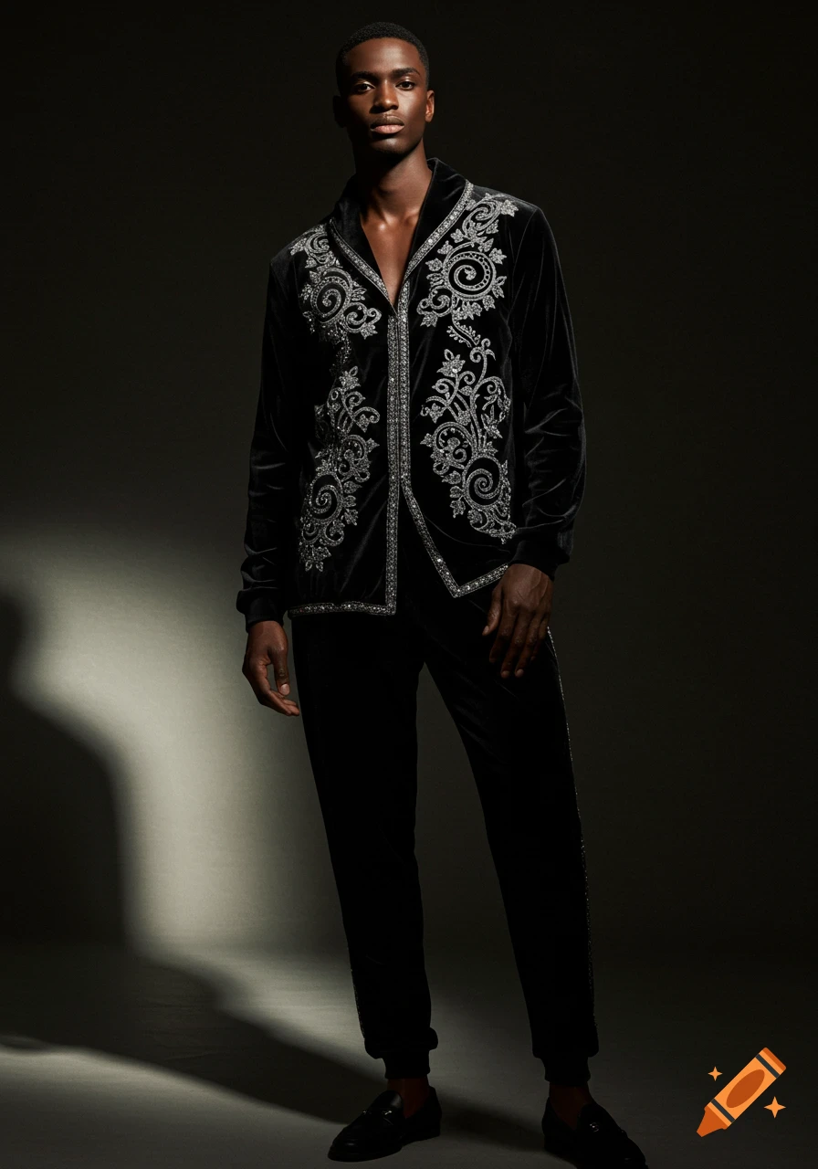 A man in a black velvet jacket and pants with silver Moroccan embroidery poses against a dark background.