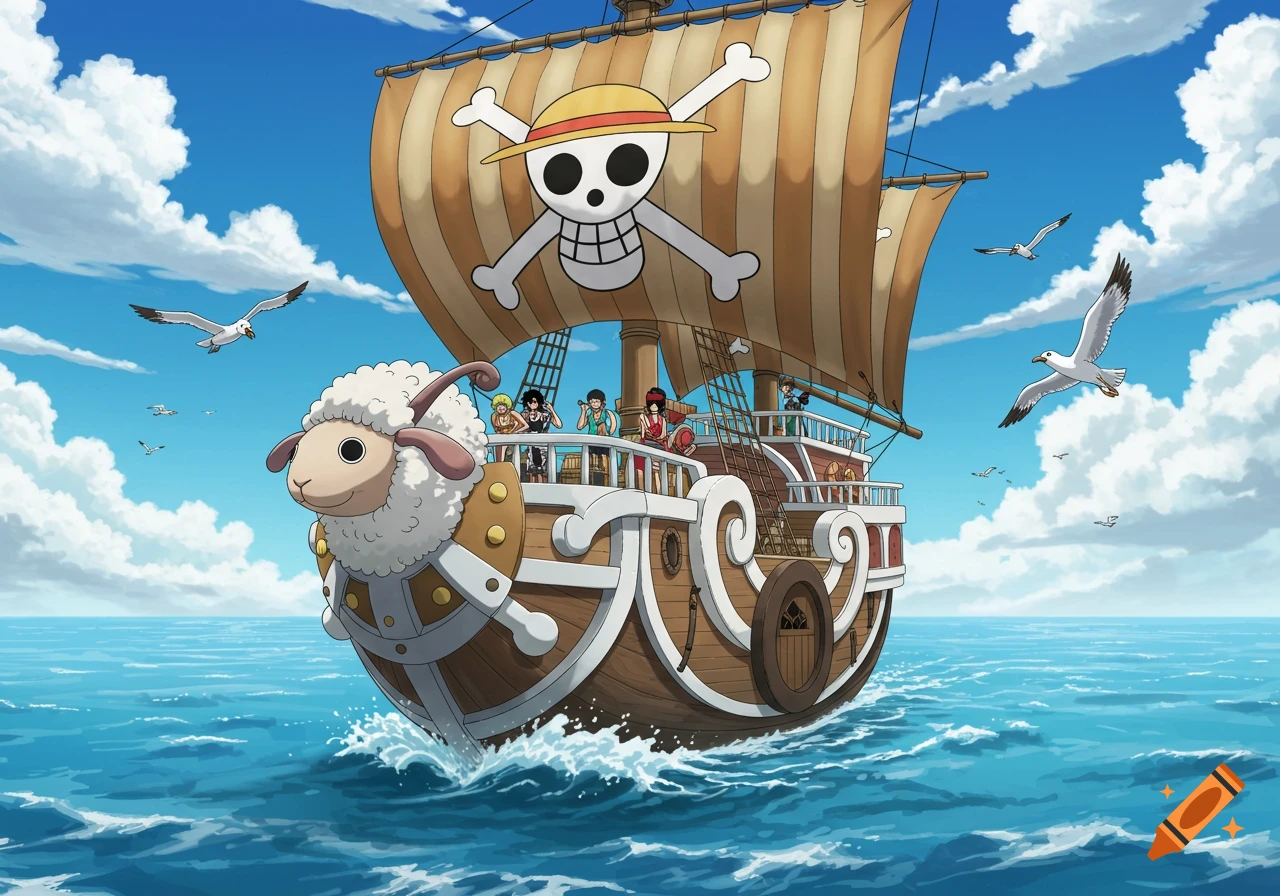 Cartoon pirate ship with a sheep figurehead sailing on a blue ocean with an anime crew under a cloudy sky.