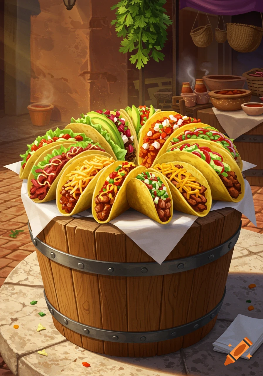 A vibrant illustration of many tacos arranged in a circle on a wooden barrel in an outdoor market setting.