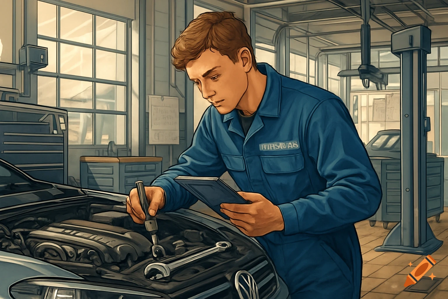 An illustrated male mechanic in a blue jumpsuit works on a car engine in a garage, holding a tool and a tablet.