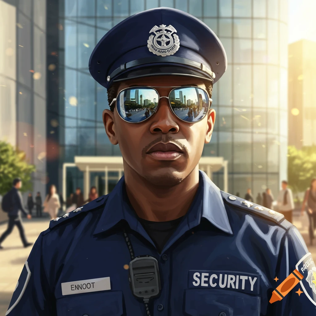 A photorealistic portrait of a Black male security guard in a dark blue uniform and reflective sunglasses, standing in front of a modern building with people in the background.