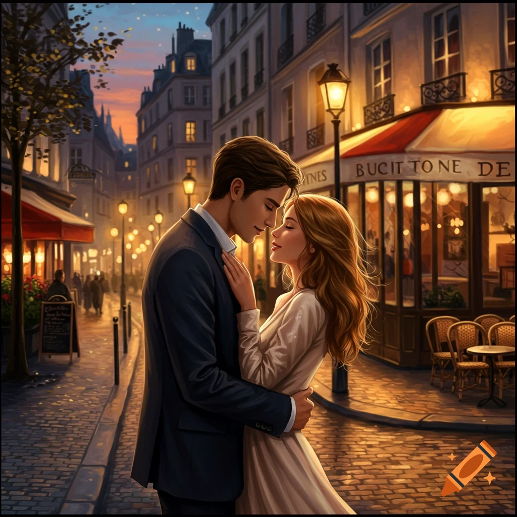 An illustrated romantic couple embraces on a cobblestone Parisian street at dusk, illuminated by streetlights.