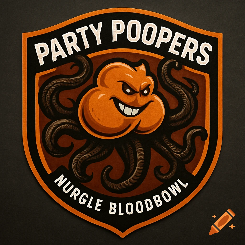 Shield-shaped logo with an orange, grinning, tentacled butt mascot. Text reads 'PARTY POOPERS' and 'NURGLE BLOODBOWL'.