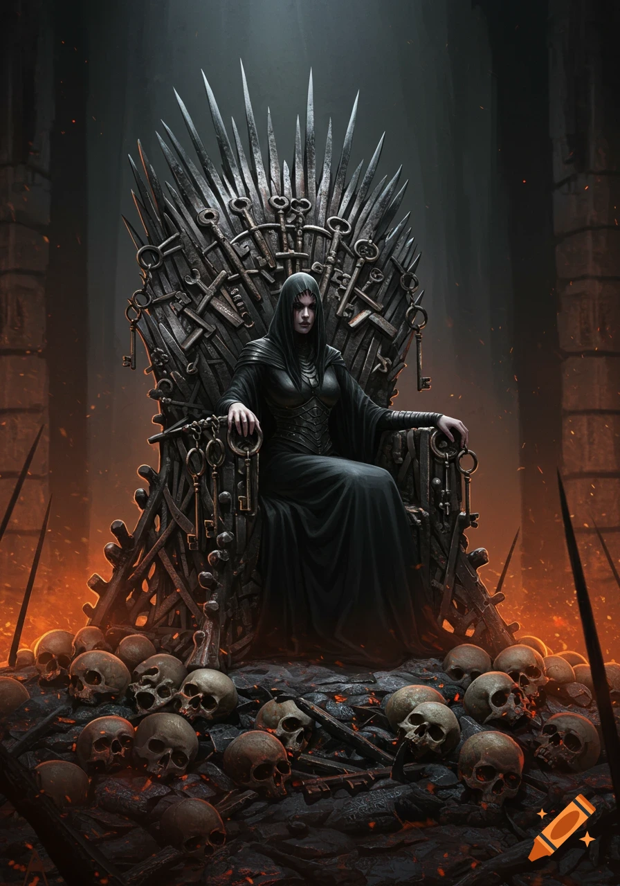 Dark fantasy art of a robed woman on an iron throne made of keys, sitting atop a pile of skulls with glowing embers.