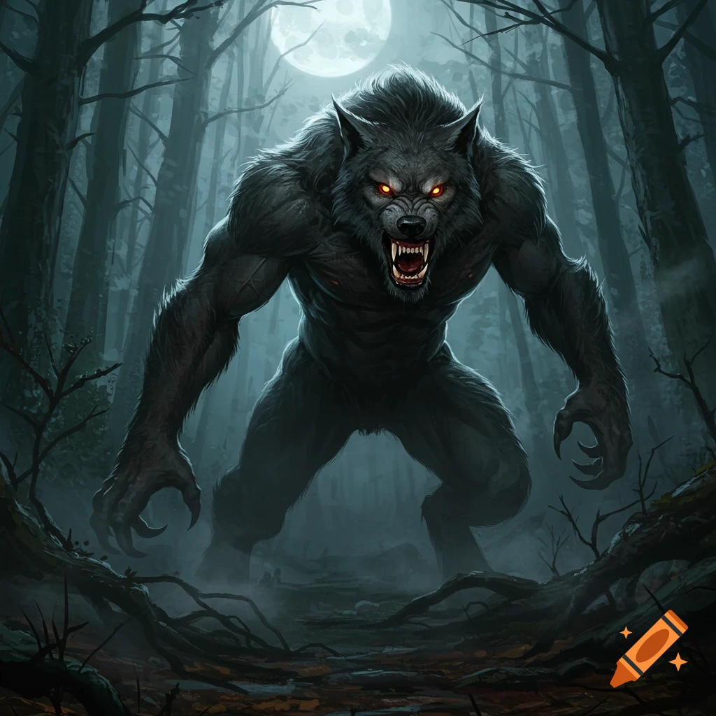 A snarling werewolf with glowing red eyes stands menacingly in a dark, misty forest under a full moon, digital art.