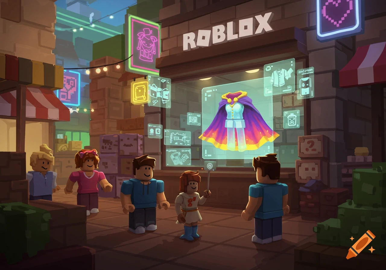 Roblox characters on a stylized street scene, looking at a magical cape and other items in a shop window.