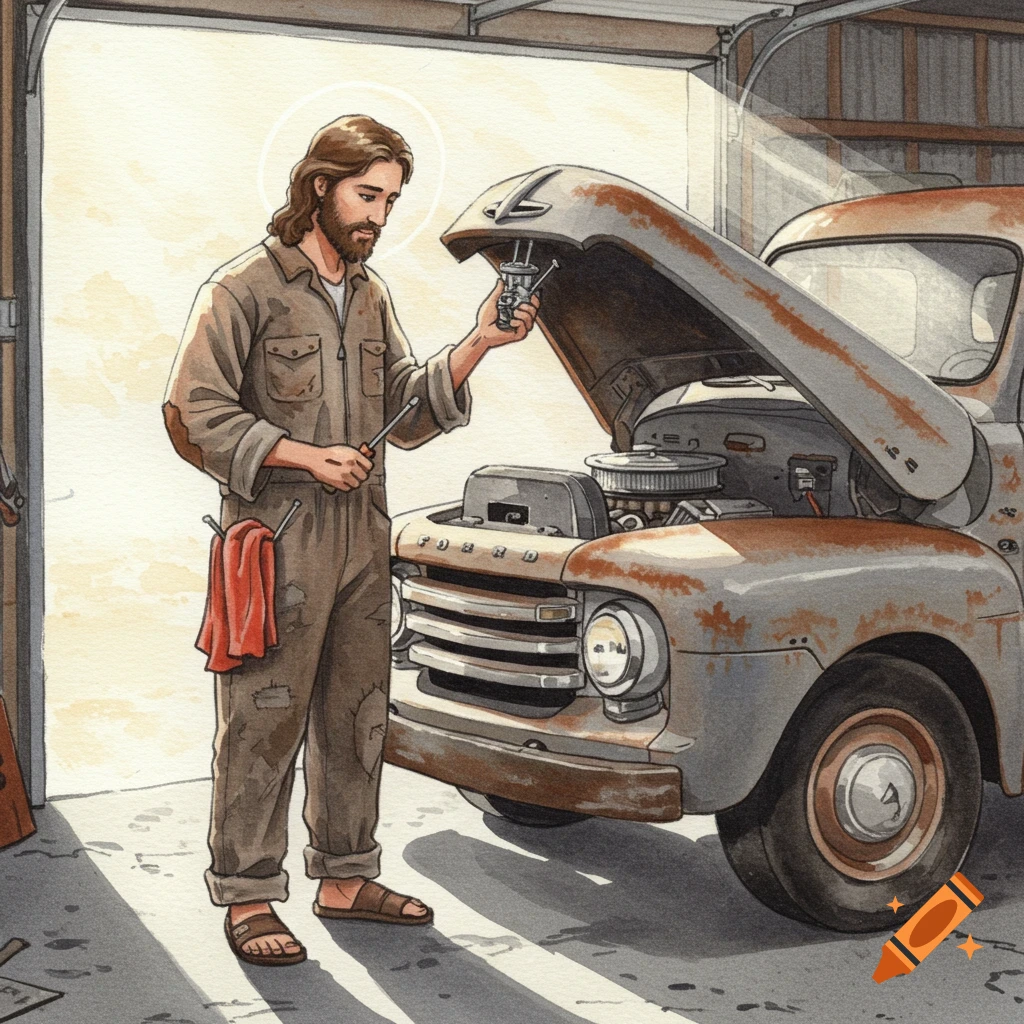 Jesus in coveralls and sandals, working on a rusty vintage Ford pickup truck in a garage, in a watercolor style.