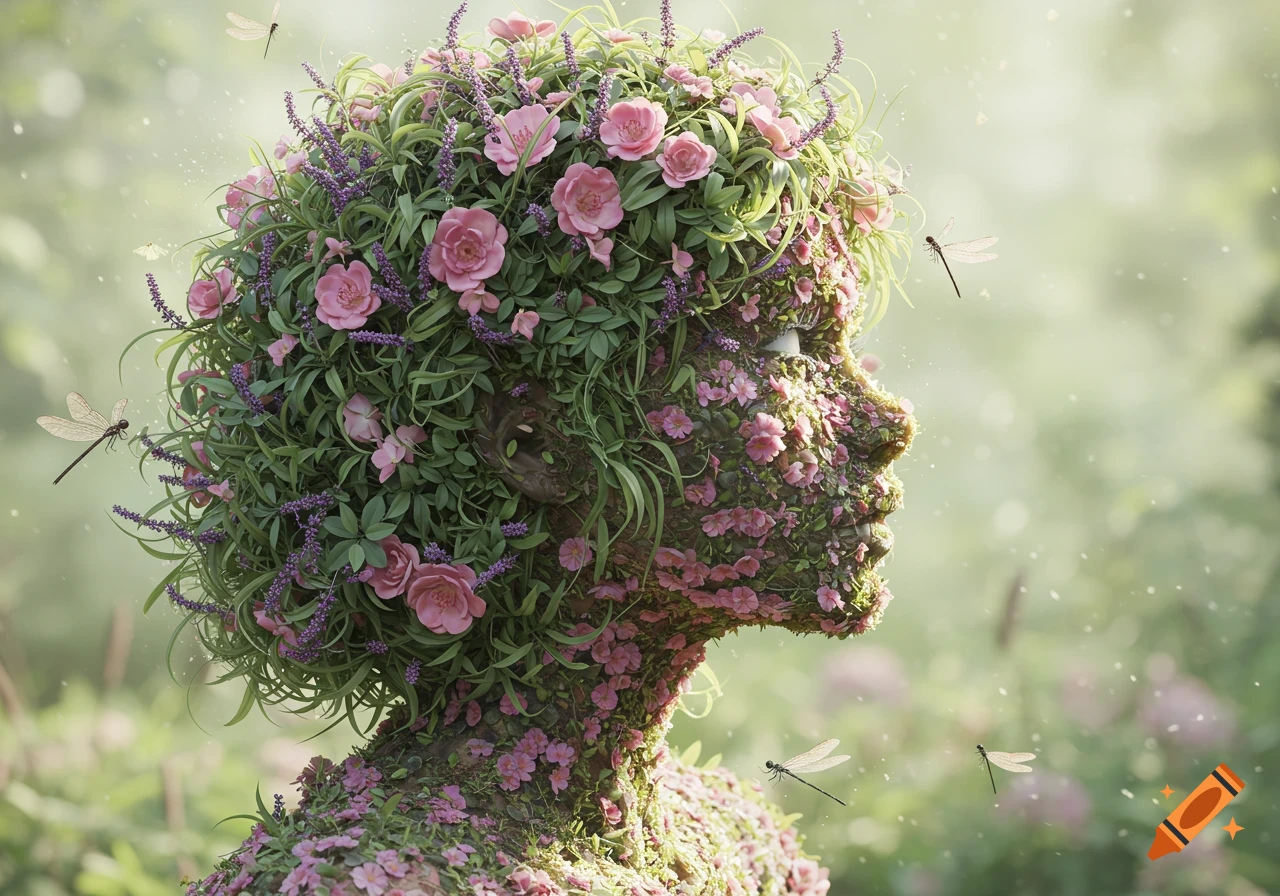 Profile of a woman's head and shoulders covered in green leaves and pink flowers, with dragonflies in a soft-focus forest.