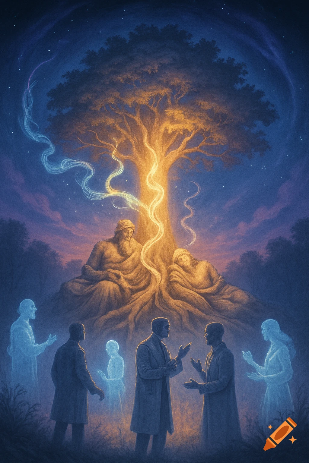 Mystical painting of a glowing tree, meditating figures, and ghostly people in a dark forest under a starry sky.