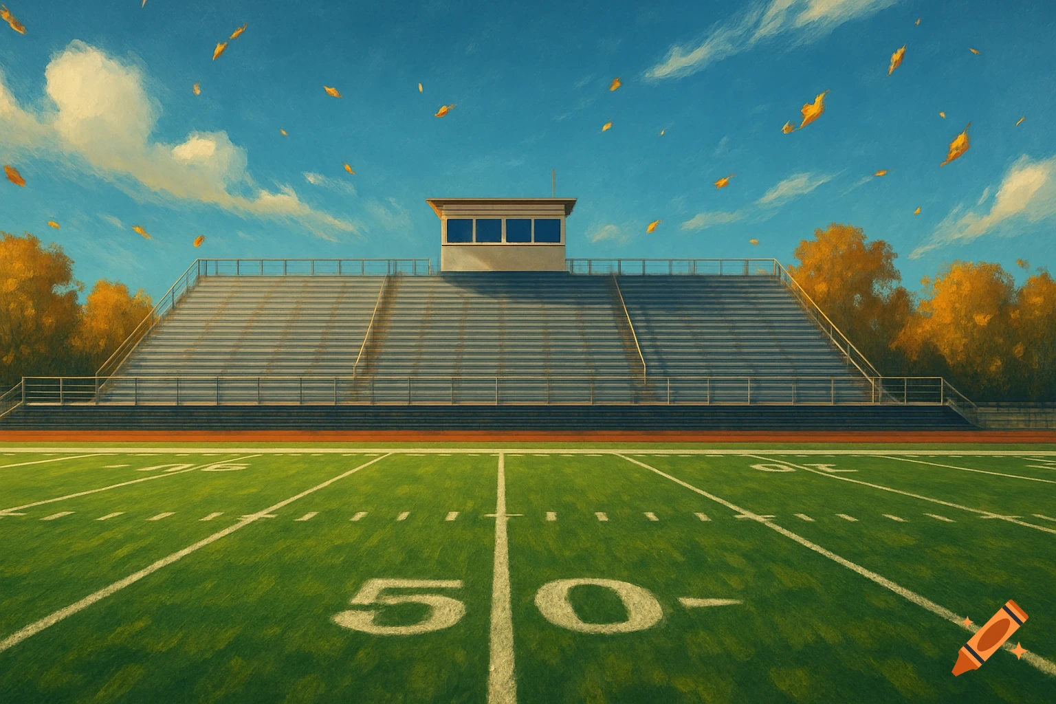 A painterly view of a football field with a 50-yard line, bleachers, and an announcement box under a blue sky with autumn leaves.
