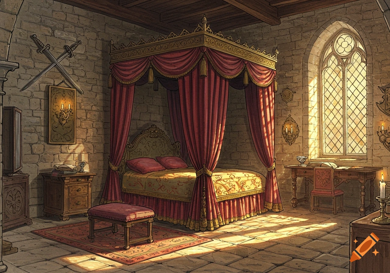 A lavish, hand-drawn medieval bedroom with a four-poster bed, stone walls, an arched window, and swords, bathed in sunlight.
