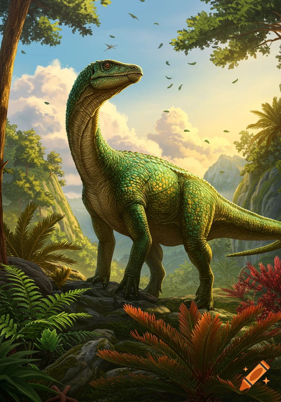 A green dinosaur with textured skin stands in a lush, prehistoric jungle under a bright sky with mountains in the background.