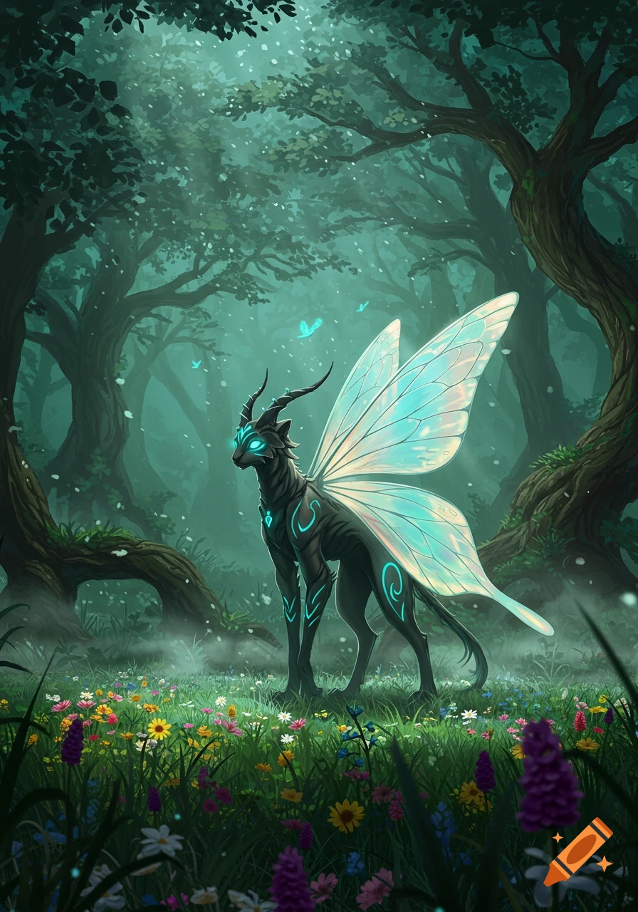 A black, horned fantasy creature with glowing blue markings and iridescent butterfly wings stands in a mystical forest with wildflowers.