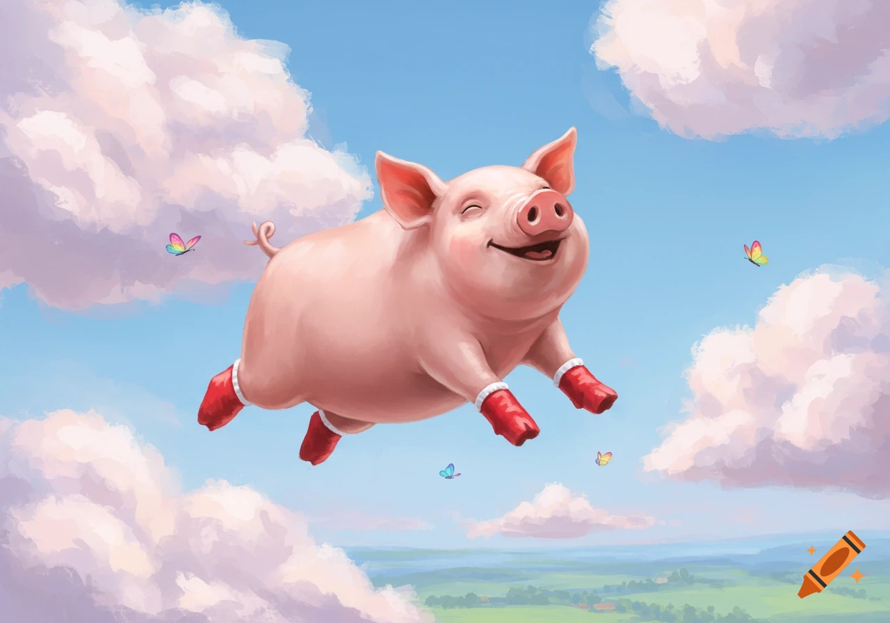 A cheerful, cartoon pig wearing red socks flies in a blue sky with fluffy clouds and butterflies, looking happy.