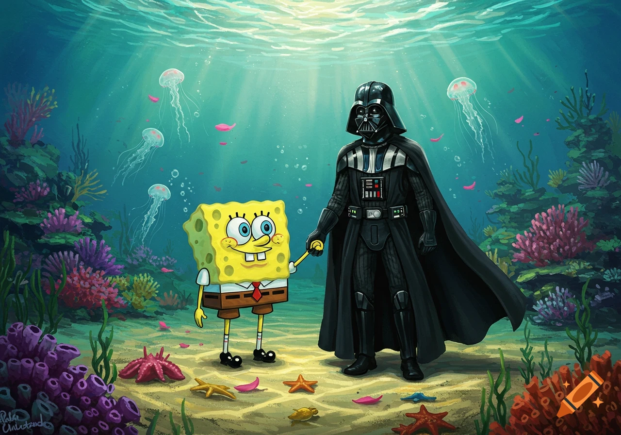 Spongebob and Darth Vader holding hands on a vibrant coral reef underwater.