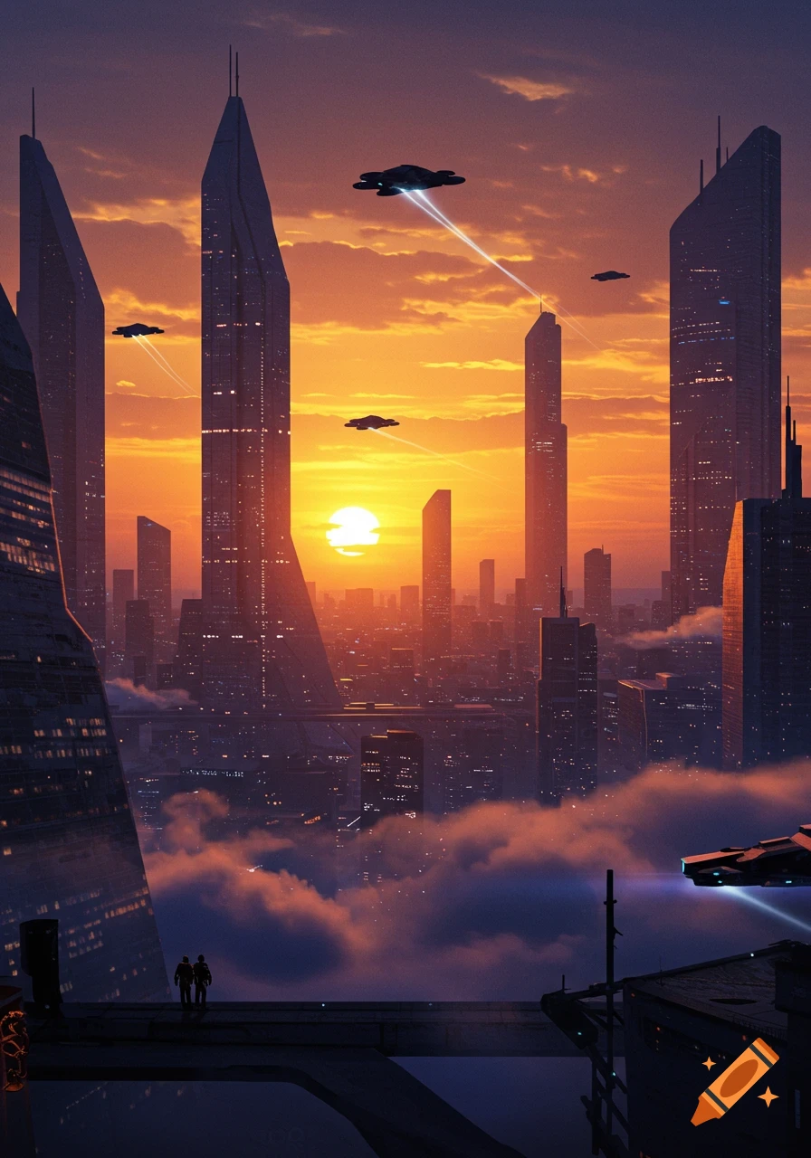 A vibrant futuristic cityscape at sunset, featuring towering skyscrapers, flying vehicles, and two silhouetted figures.
