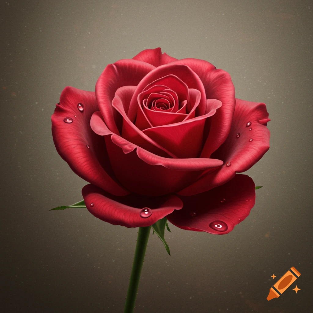 A vibrant red rose with water droplets on its petals and a green stem against a dark, softly lit background.