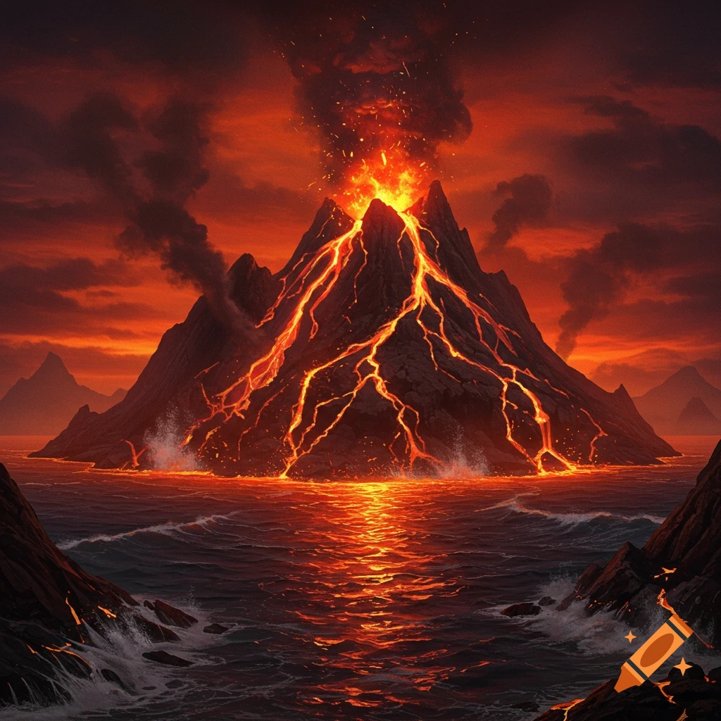 A dramatic eruption of a volcano on a lava island, with bright orange lava flowing into dark blue water under a fiery red sky.